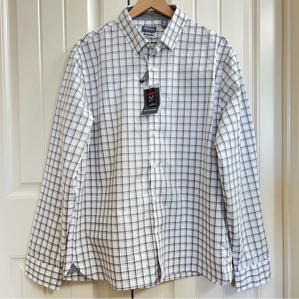 Van Heusen Mens Never Tuck Slim Fit Stretch Shirt in Chinchilla Plaid, Size XL